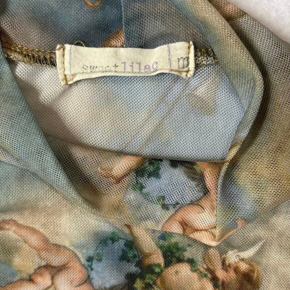 Sweet Lilac Mesh Shirt Women's Cherub Angel Cloud Print Y2K Sz Medium Whimsigoth - Picture 8 of 8